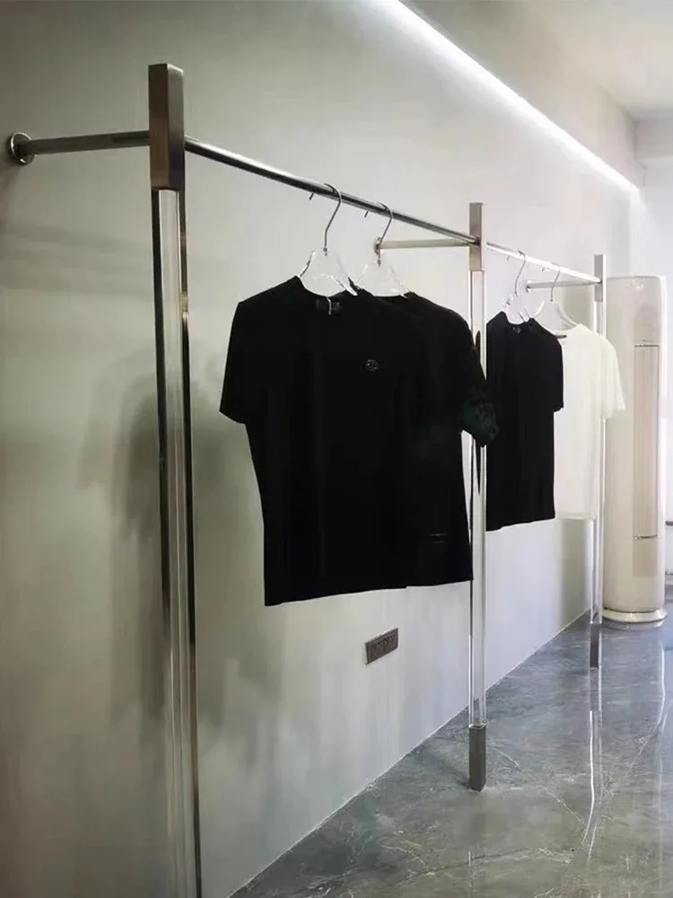 Clothing Store Display Rack Wall Stainless Steel Shelf Acrylic Floor Rack Display Hanging Hanger Silver