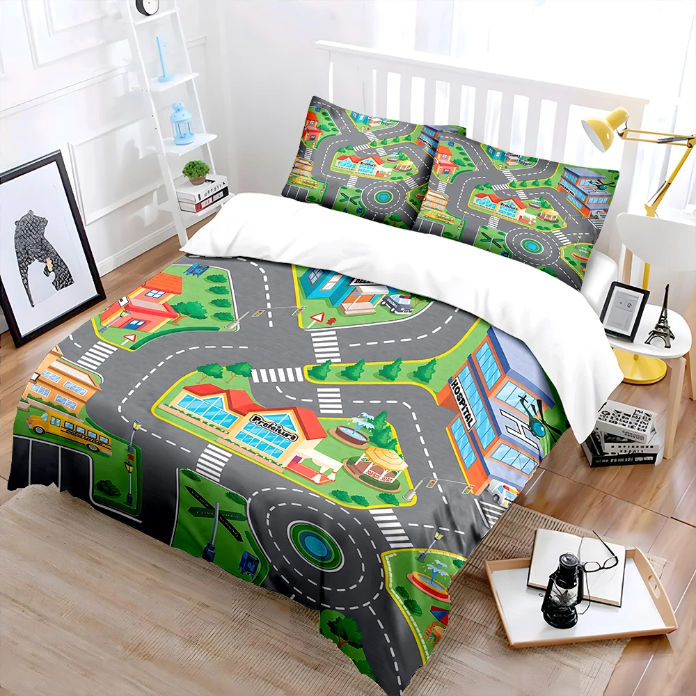 City road layout illustration Bedding Set for Kids Luxury Gift 3pcs Digital Print Comforter Set Soft Comfortable Breathable