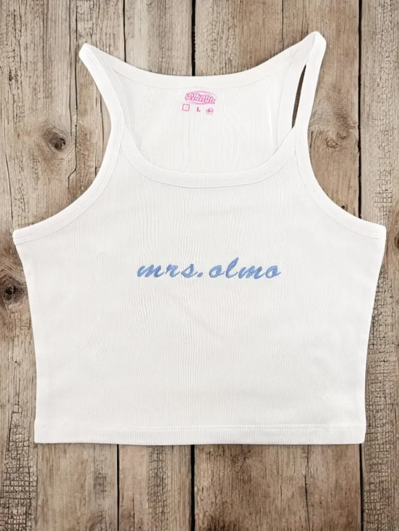 Custom Mrs. Bride Embroidered Baby Rib Spaghetti Strap Tank Top Personalized Embroidery Tops Wedding Bride Bridemaid Gifts