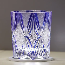 240 ml Luxury Japanese Edo Kiriko Style Blue coloured Cut Glass Drink Tumbler For Whiskey Iced Beverage