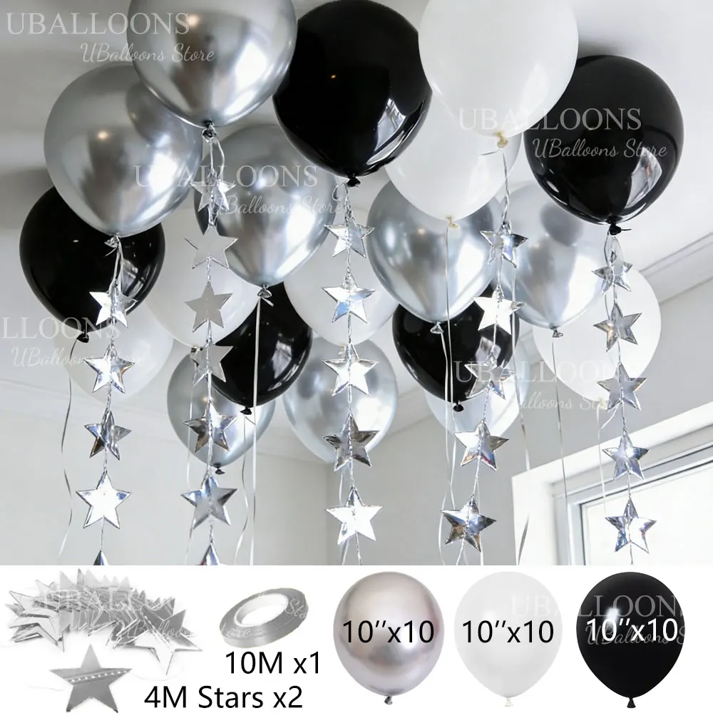 33-teiliges Set Weiße, Silberne und Schwarze Luftballons mit Sternengirlande, Funkelnde Hängende Ballons für Geburtstag, Hochzeit, Babyparty-Dekoration – Detail 2