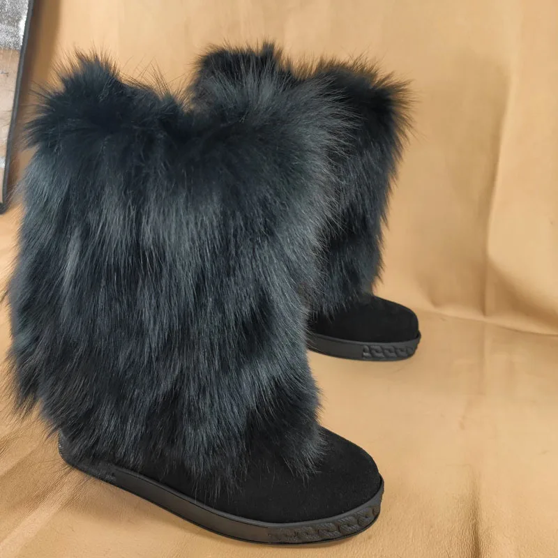 Fashion Black White Real Fox Fur Snow Boots 8cm Inner Wedge Increased Sole Mid Boots Winter Full Fur Boots Woman Booties