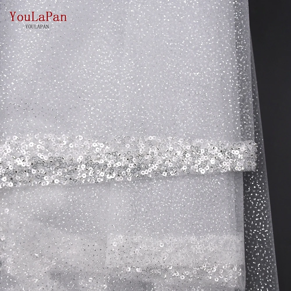 YouLaPan Single Layer Bridal Veil Sparkling Beaded Wedding Veil Ivory Veil Crystal Beaded Gold Sparkling V203A