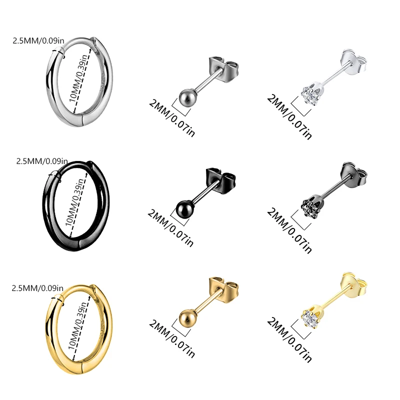 Stainless Steel CZ Crystal Ear Studs Black Silver Color Earrings Stone Surgical Steel Cubic Zirconia Helix Women Accessories