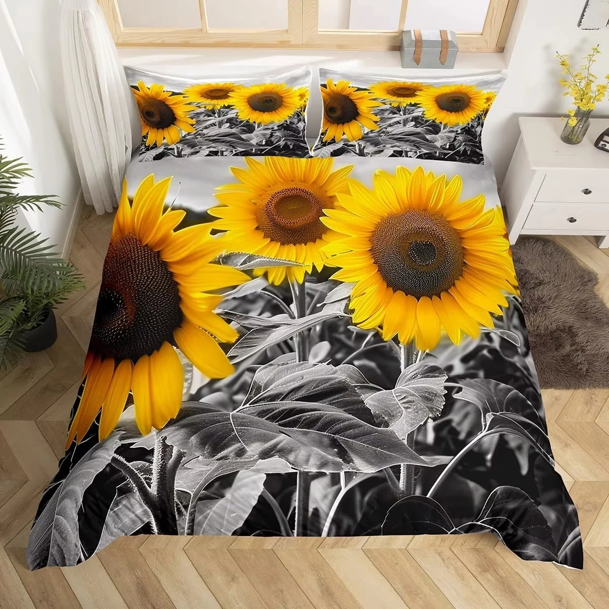 Sunflowers Duvet Cover Twin Queen Flower Botanical Bedding Set Rustic Farmhouse Plant Comforter Cover,Yellow Floral Quilt Cover