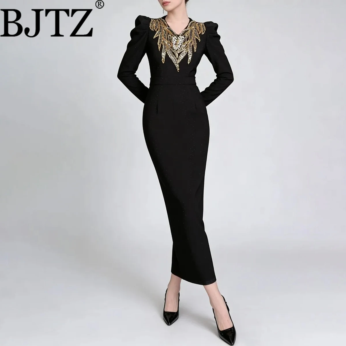 

BJTZ однотонные темпераментные платья с бисером для женщин, v-образный вырез, длинные рукава, высокая талия, лоскутное платье, женское