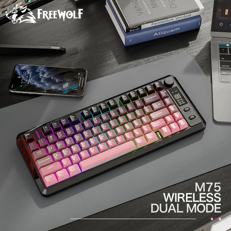 

FREEWOLF M75 Screen Keyboard Wireless with Metal Knob,Bluetooth Dual Mode Multi-function for PC, Laptop,Suitable for Work/Game