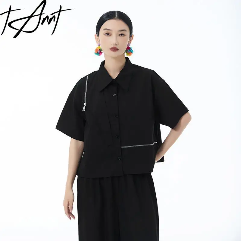 

Tannt Women Shirt Blouse Asymmetrical Zipper Patchwork Shorts Blouse Tops Black White Blue Fashion Casual Summer Shirt Tops 2025