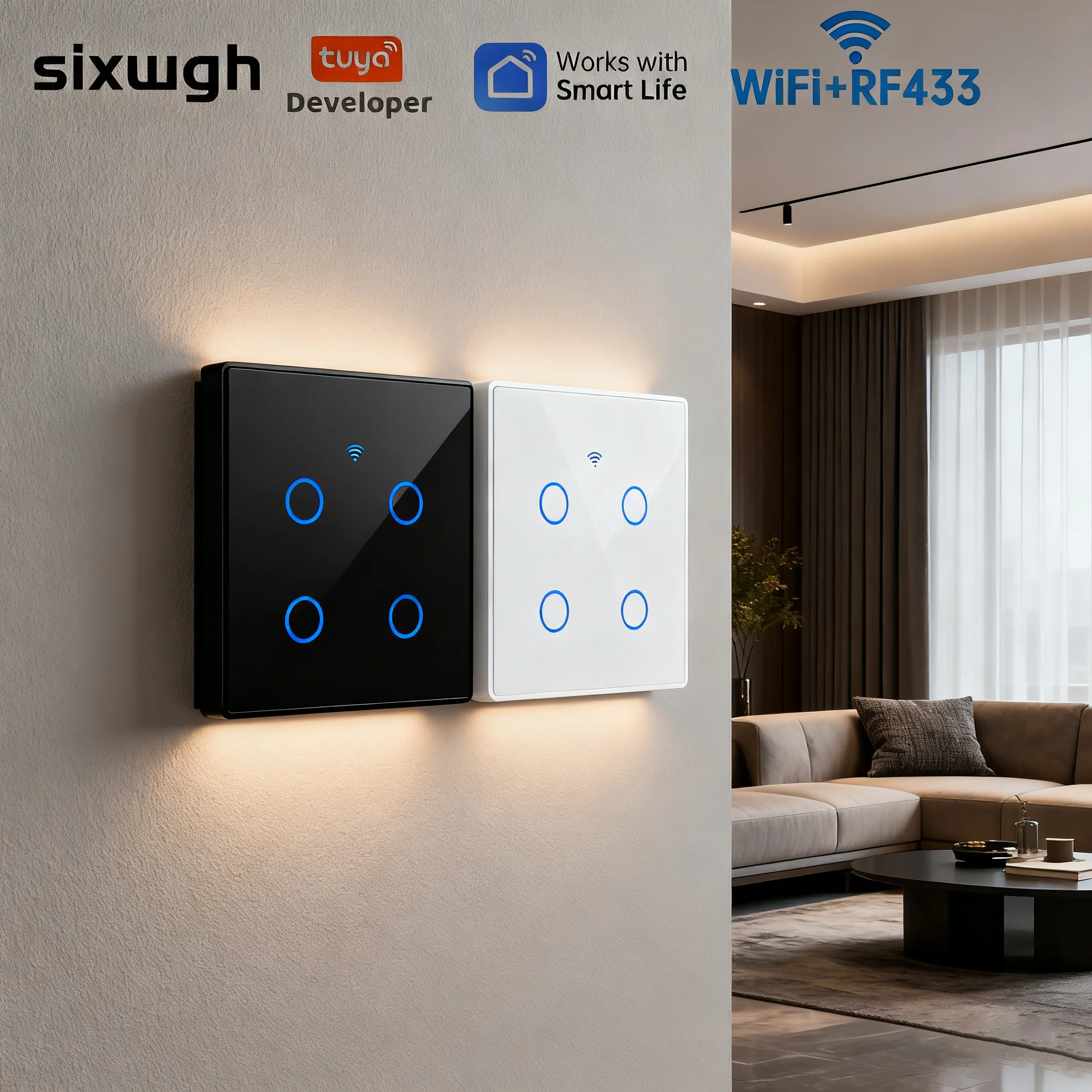 

SIXWGH Tuya WiFi Smart Wall Switch RF433 1/2/3/4 Gang WiFi Wall Switch LED Light Control Smart Life Supports Google Home Alexa