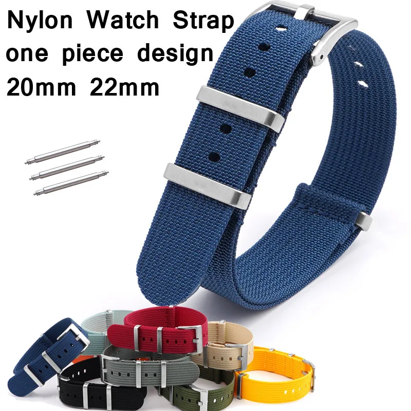 Replacement One Piece Nylon Watch Strap 20mm 22mm Long Canvas Fabric Watch Band Wrist Bracelet Steel Buckle Belt