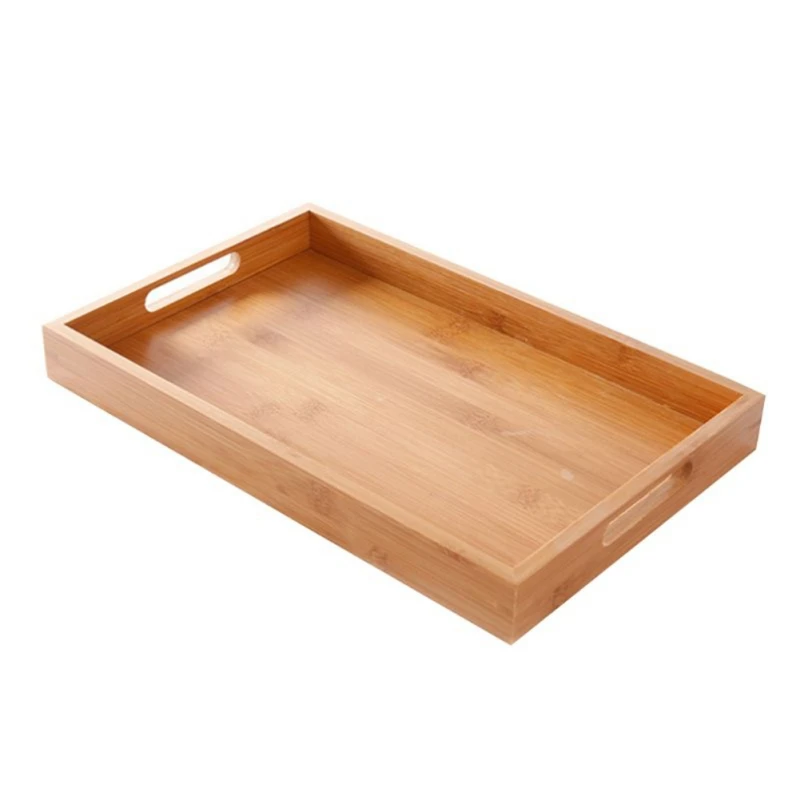 Wide Bamboo Organizer Tray Storage Bin with Handles for Cutlery Serving Spoons Cooking Utensils Teapot Teacup