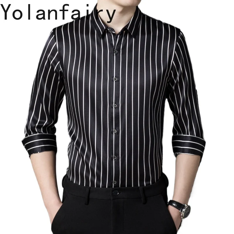 

YOLANFAIRY Mulberry Silk 90.8% Man Shirt Men Shirts High Quality Long Sleeve Shirt Mens Clothing Ropa De Hombre 2024 Autumn Tops