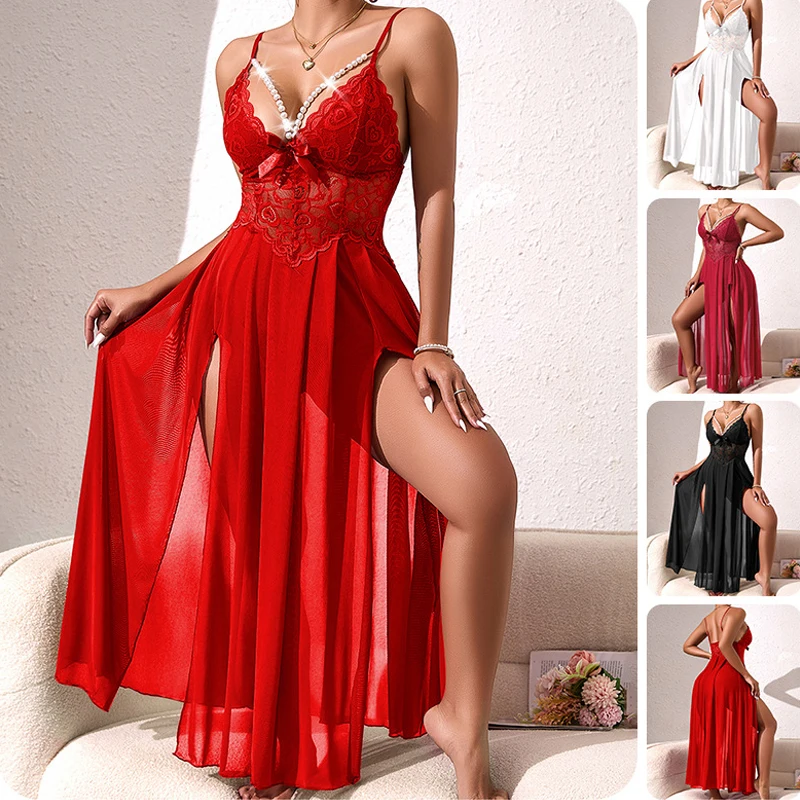 

Pearl Embellished Sleepwear Dress Sexy Mesh Side Slit Temptation Strap Long Dress Backless Deep V Suspenders Sleeveless
