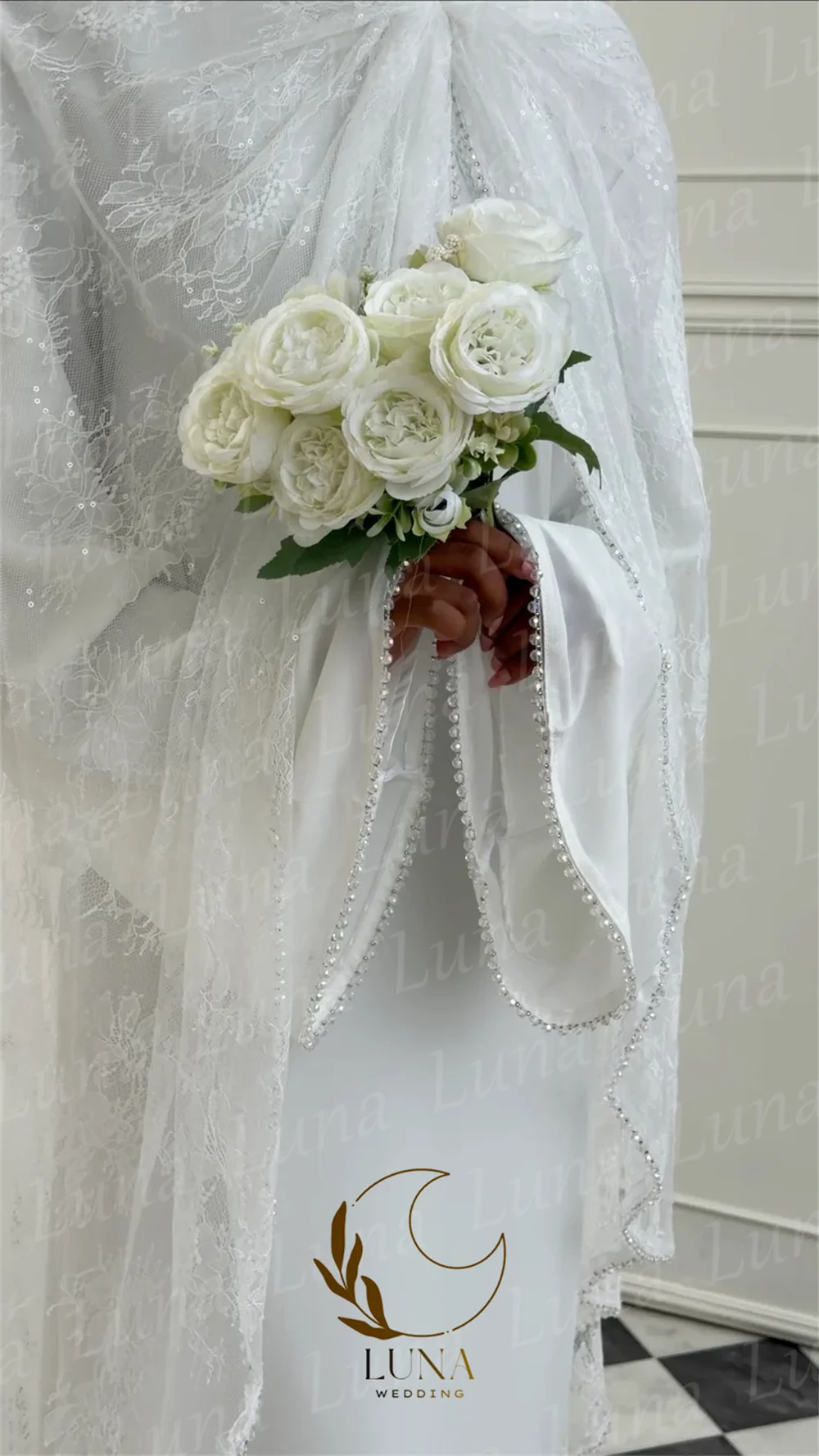 Luna Ivory Lace Cape Muslim Wedding Dresses Long Sleeve A-line Arabia Dubai Floor-Length Sweep Train Vestido De Noiva Customized