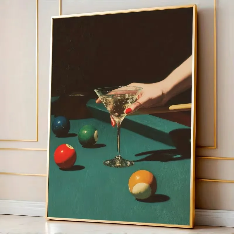 

Retro Billiards Cocktail Poster Martini Bar Art Print with 8-ball Billiards Table Scene Canvas Wall Aesthetic Home Decoration