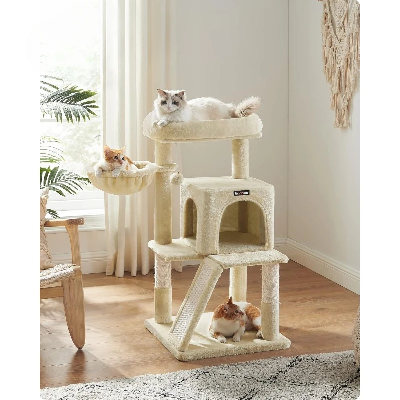 Cat Tree, Small Cat Tower with Widened Perch for Large Cats Indoor, 37.8-Inch Multi-Level Cat Condo, Scratching Posts and Ramp