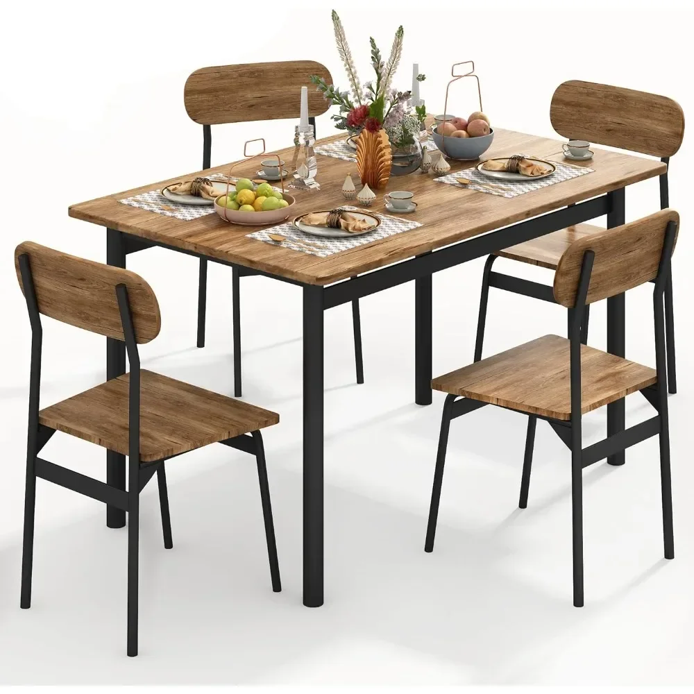 

%a Kitchen Dining Table Set for 4, Modern Rectangular 5 Piece Dining Room Table and Chairs Set, Brown Wooden Metal Table