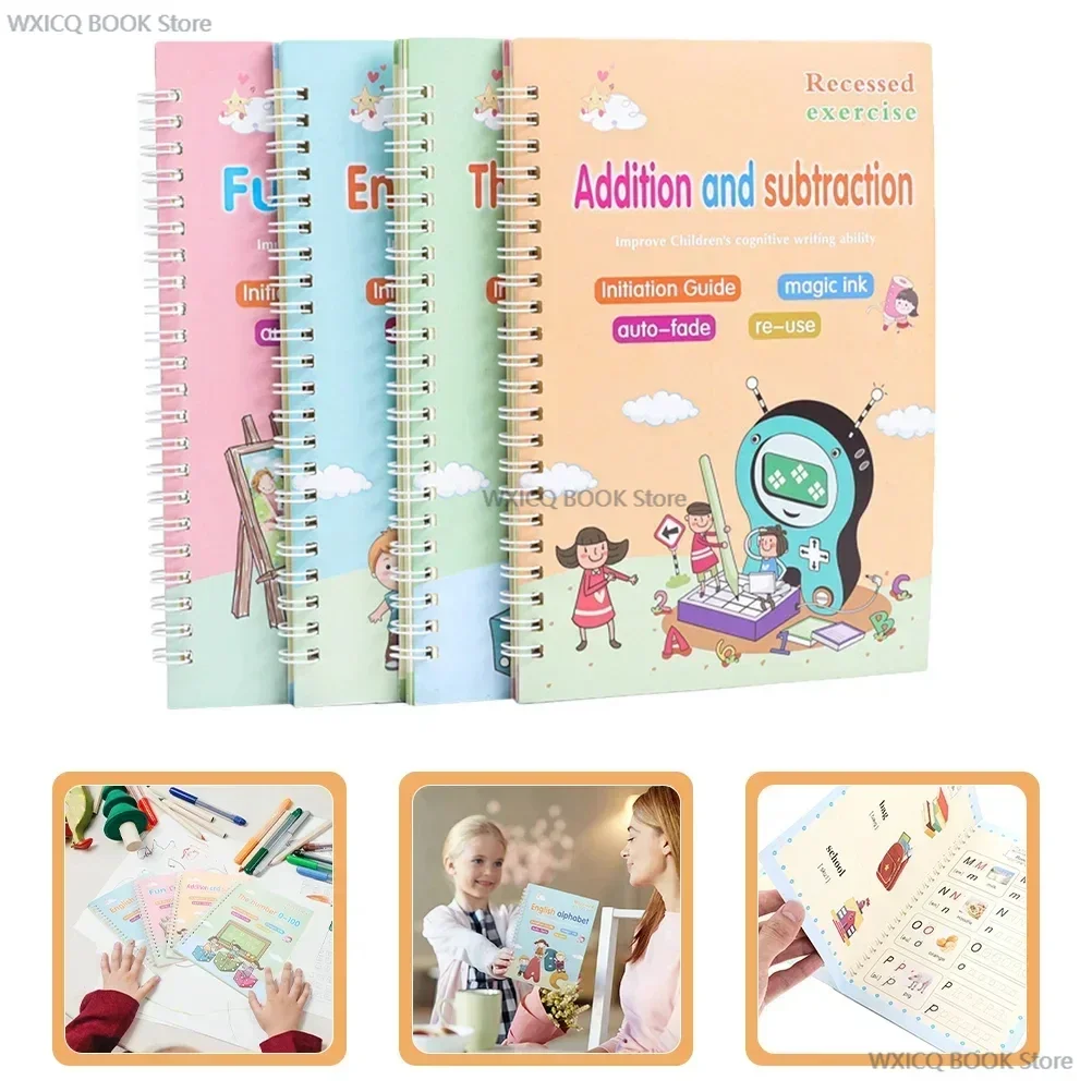 

4 Books/set English alphabet ,Fun Drawing ,Addition and subtraction ,The number 0-100 Reusable Magic Stationery Writing copybook