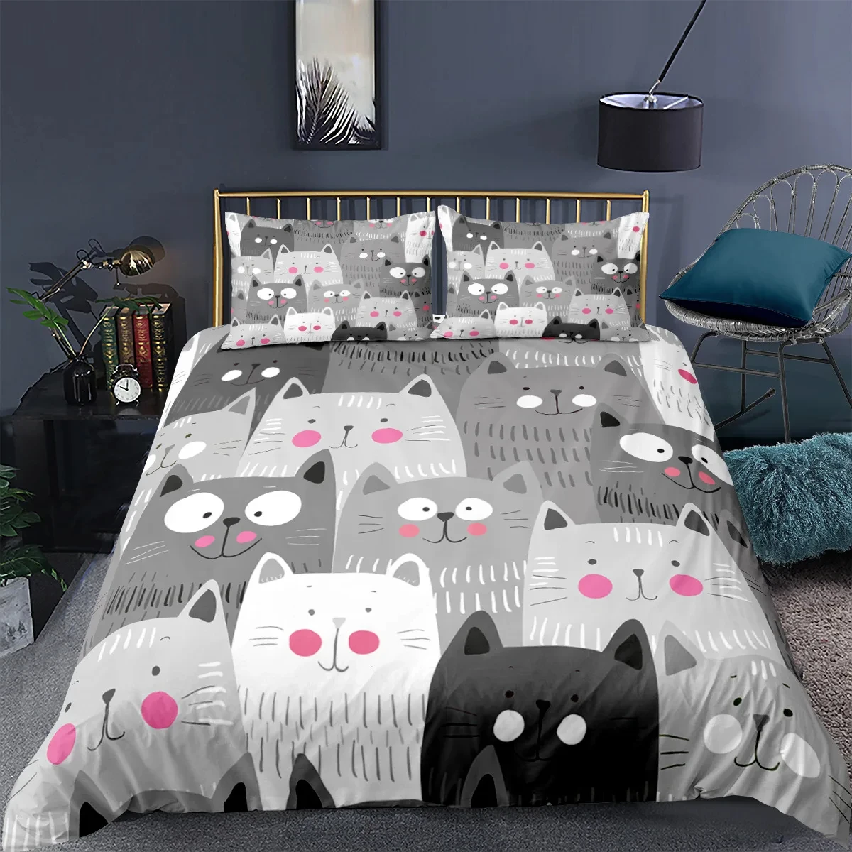 Cat Duvet Cover Polyester Pattern with Hipster Playful Feline Characters, Decorative 3 Piece Twin Bedding Set with 2 Pillow Sham