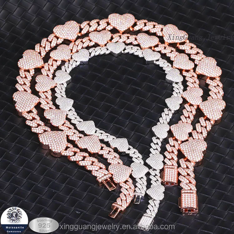 Delivery Within 3 Days 2row 925 Silver White Gold Plated Bracelet Necklace VVS Moissanite Heart-Shape Cuban Link Chain Necklace，