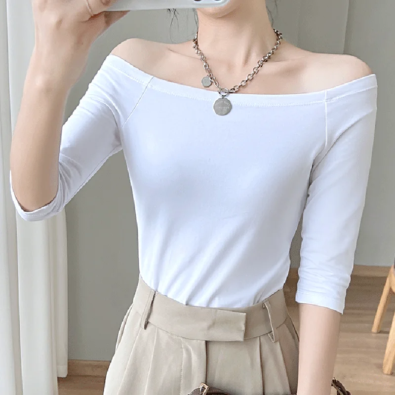 2023 Summer Slash Neck Crop Tops T Shirt Womens Sexy Off Shoulder T Shirts For Women Casual Half Sleeve Cotton Tee Shirt Femme