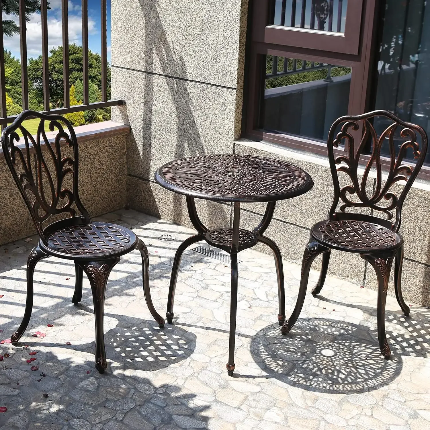 Juego de mesa de Bistro de aluminio fundido antioxidante, muebles de porche delantero para Patio de parque, Marrón nuevo, 3 piezas