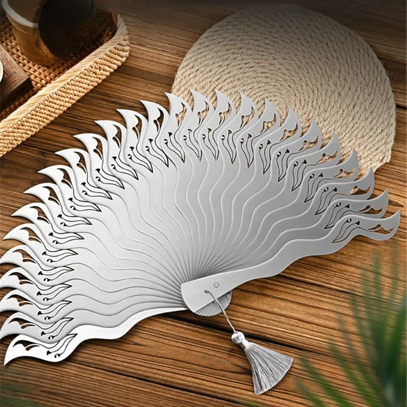 Chinese Fine Metal Antique Fan Hollow Self-Defense Kung Fu Tai Chi Fans Portable Men Stainless Steel Folding Fan Home Decor