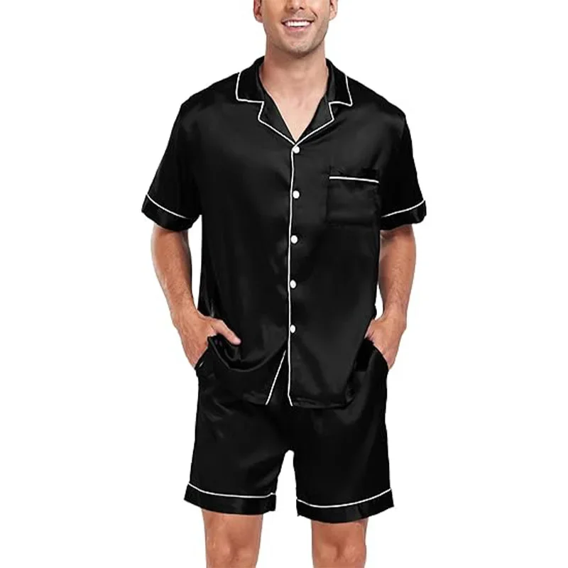 Casual Home Clothing Set Large Size Men\'s New Sleepwear Short Sleeved Shorts Pajama Suit Satin Finish European American Summer