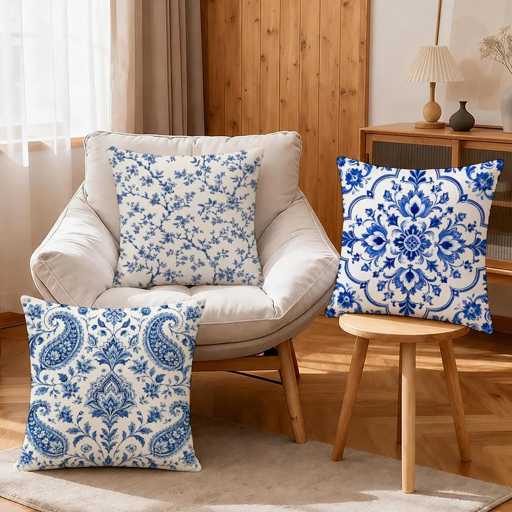 Art Traditional Blue and White Cushion Cover Linen Anti-Mite Antibacterial Cushion Cover Invisible Zipper Sofa Decor