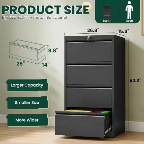 4 Drawer Lateral File Cabinet with Lock, Heavy-Duty Metal Filing Cabinet for Home Office, Hanging File Organizer for