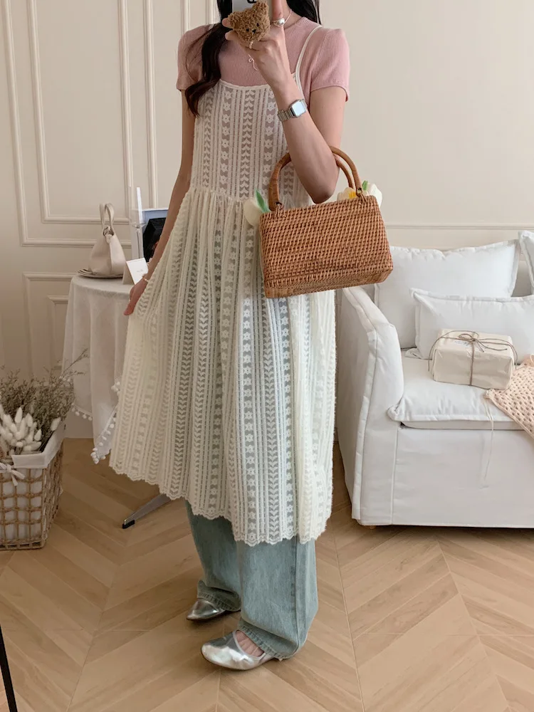 Women Sleeveless One-piece Dress Summer Clothes 2024 New Chic Korean Popular Style Female See Through White Lace Cami Dress