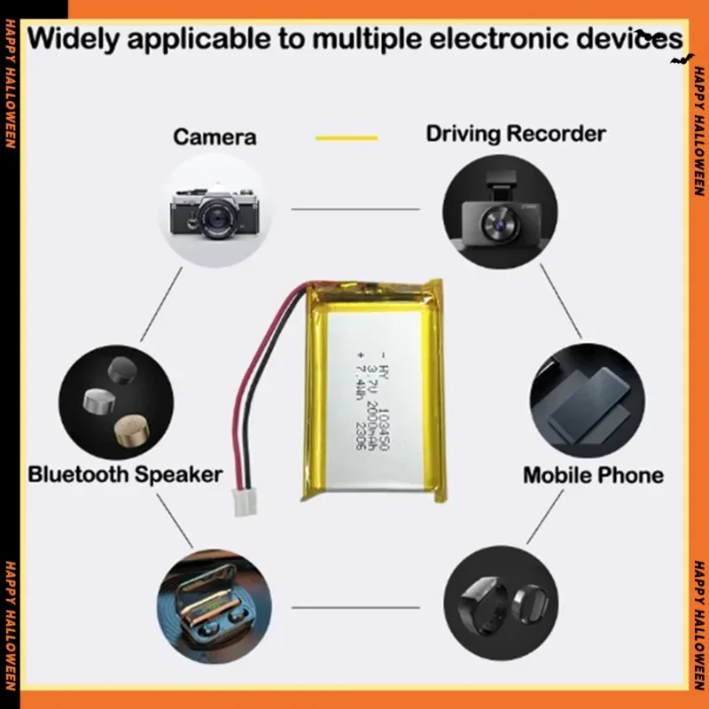 3.7V 2000mAh 103450 Polymer Lithium Rechargeable Battery jst PH 2.0mm 2pin plug for Camera GPS navigator MP5 Bluetooth Headset