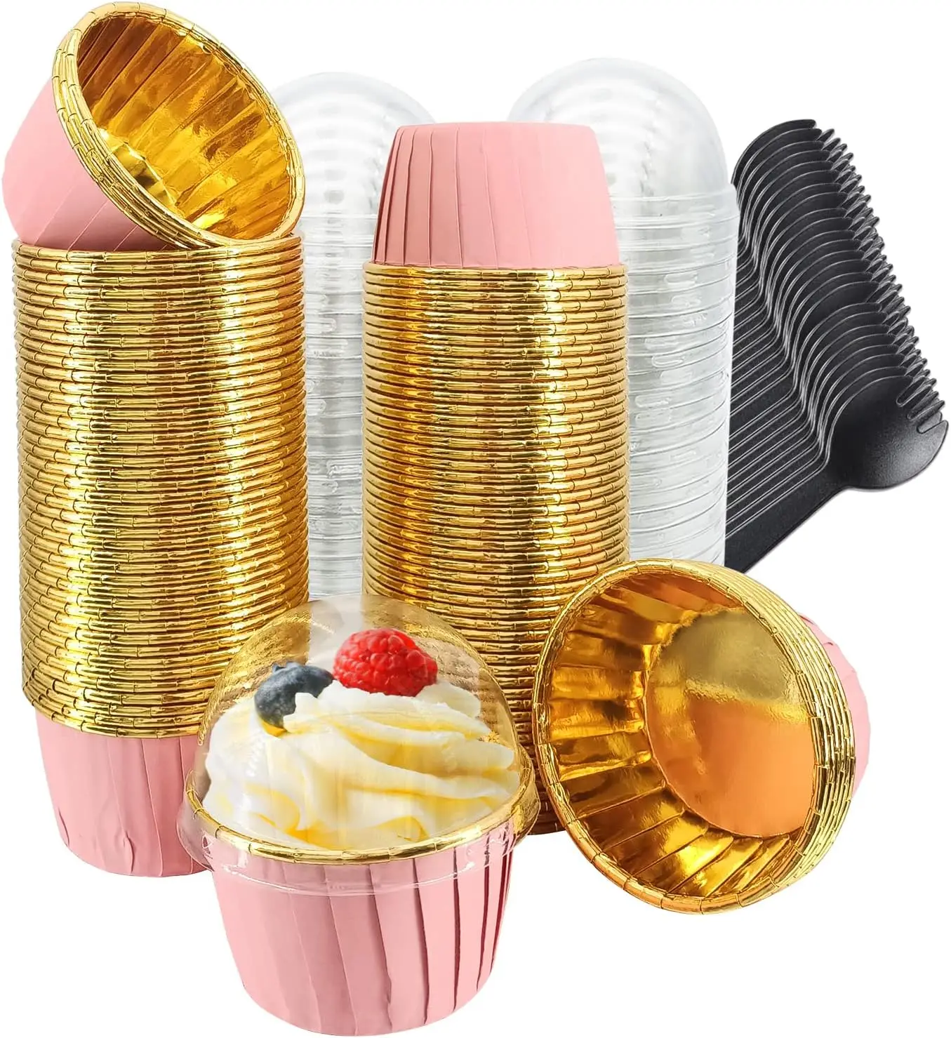 50sets Cupcake Liners with Dome Lids Spoon, Foil Baking Cups Muffin Liners, Disposable Cupcake Tins Cupcake Wrappers for Wedding