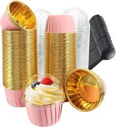 50sets Cupcake Liners with Dome Lids Spoon, Foil Baking Cups Muffin Liners, Disposable Cupcake Tins Cupcake Wrappers for Wedding
