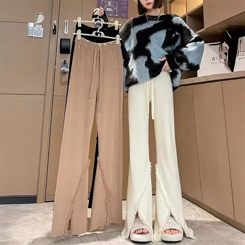 Soft Waxy Knitted Pants Children's Autumn and Winter New High-waisted Solid Color Thin and Drape Wide-leg Casual Split-ended