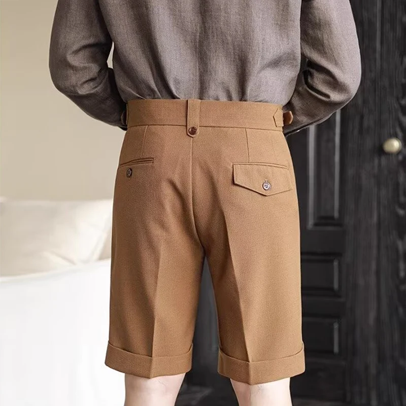 Vintage High Waist Belt-up Mens Suit Shorts Spring Summer New Casual Solid Color Pleated Shorts For Men Fashion Straight Shorts