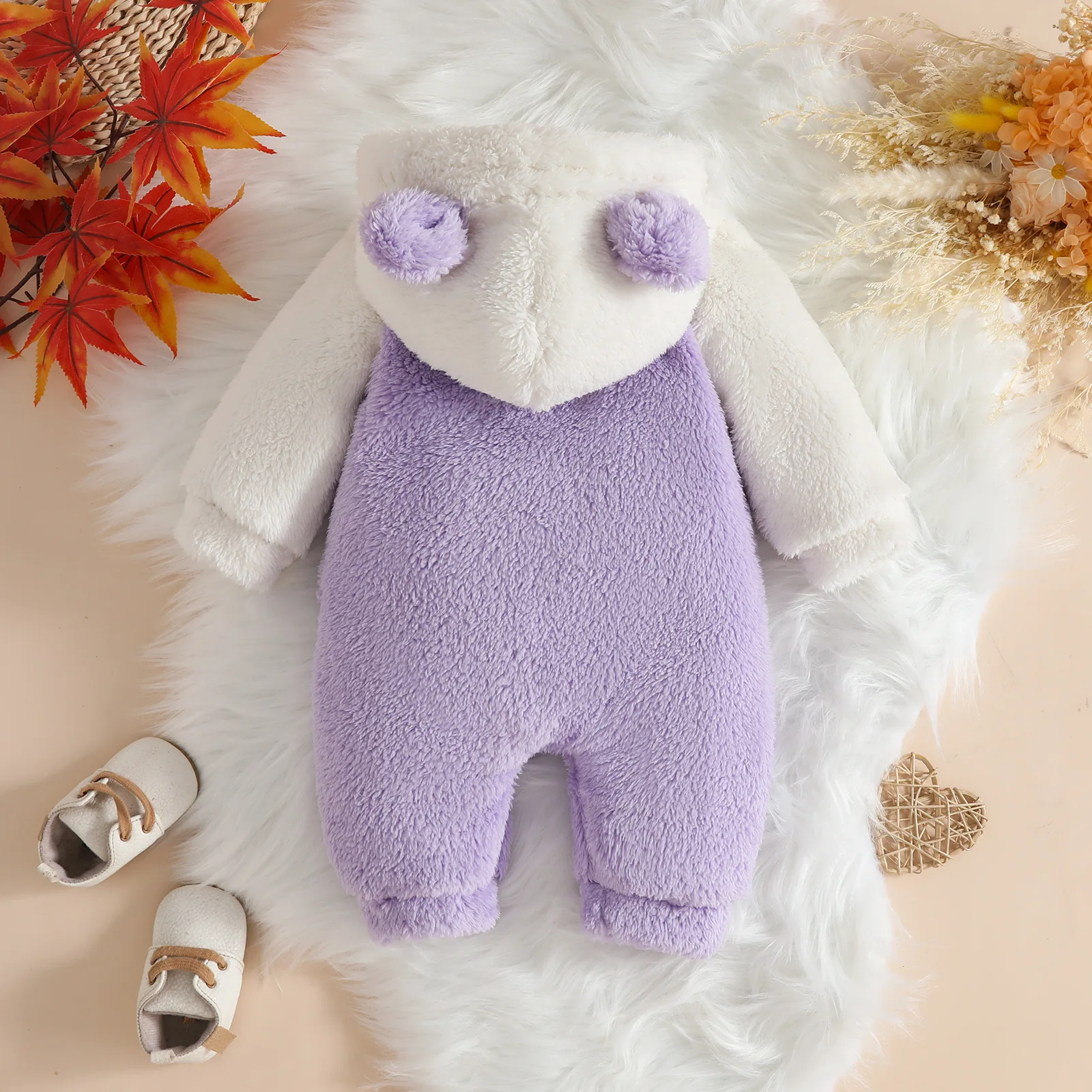 Newborn Autumn and Winter Fur Hooded Jumpsuit with Heart-Shaped Embroidery Baby Girl Color Blocked Zipper Outerwear for Climbing