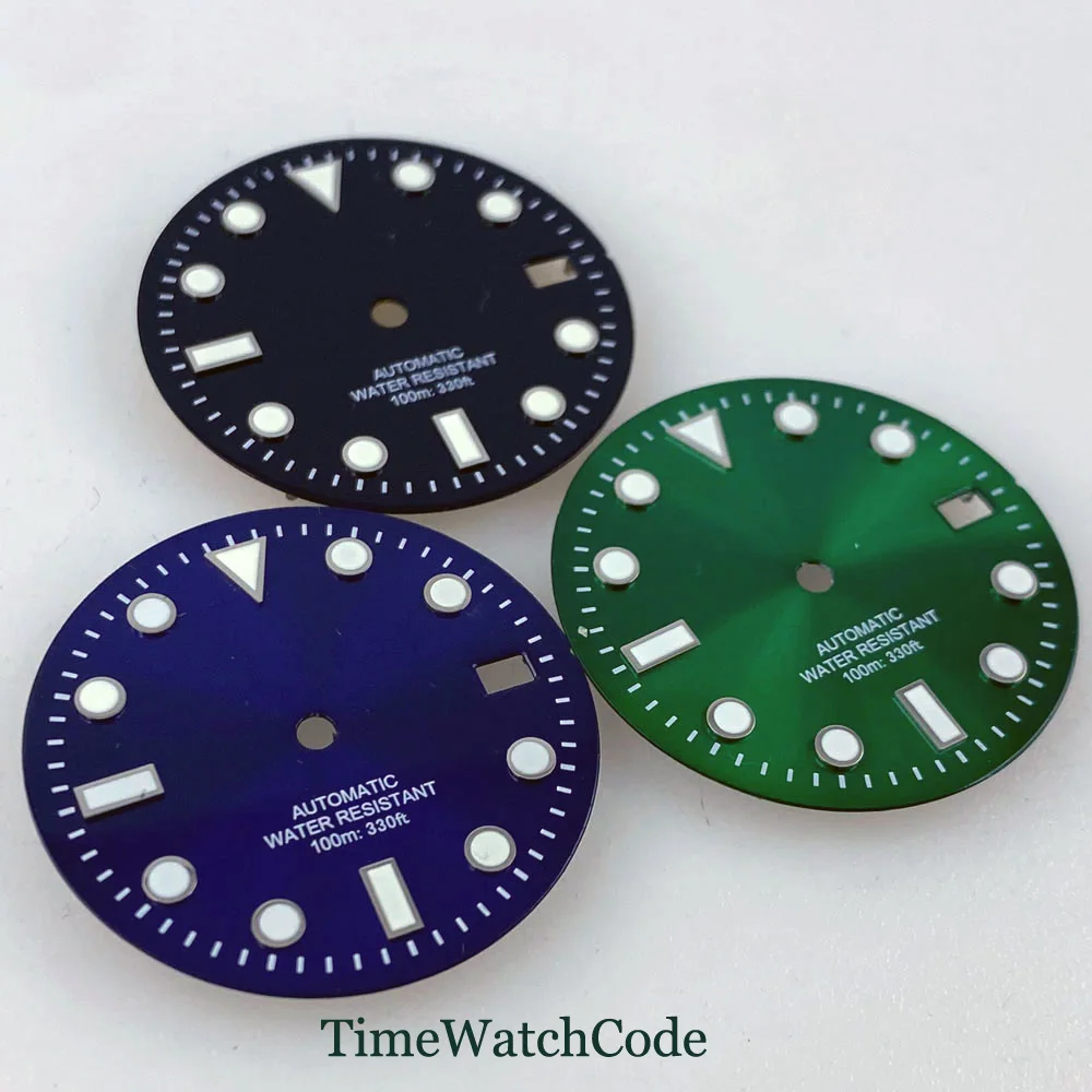 29mm Sunburst Finish Watch Dial Face Watches Hands Fit NH35 NH36 NH38 Movement Green Luminous Date Window Accessories