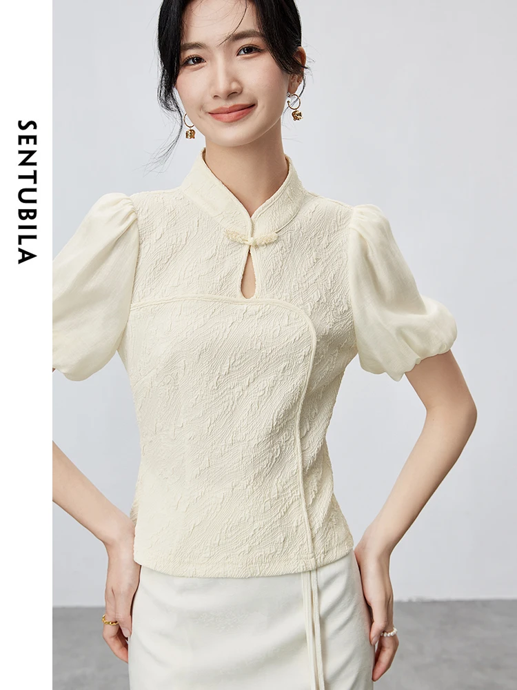 

SENTUBILA Jacquard Cropped Chiffon Shirt Top 2024 New Chinese Style Apricot Stand Collar Puff Sleeve Blouses Women 142V54973