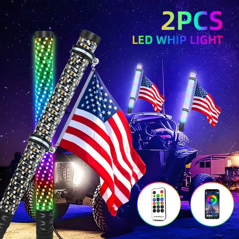 Universal 2PCS 60CM LED Whip Light RGB LED Flagpole Lamp APP Remote Control Decorative Light For Car SUV ATV UTV RZR 12V