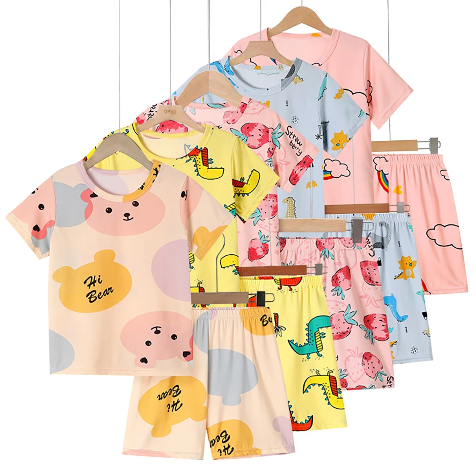 2-tlg. Kinder Sommer Mode Druck Hause Kleidung Anzug Junge Bequeme Joker Dinosaurier Kurzen ärmeln Mädchen Süße Rosa shorts Anzug – Detail 3