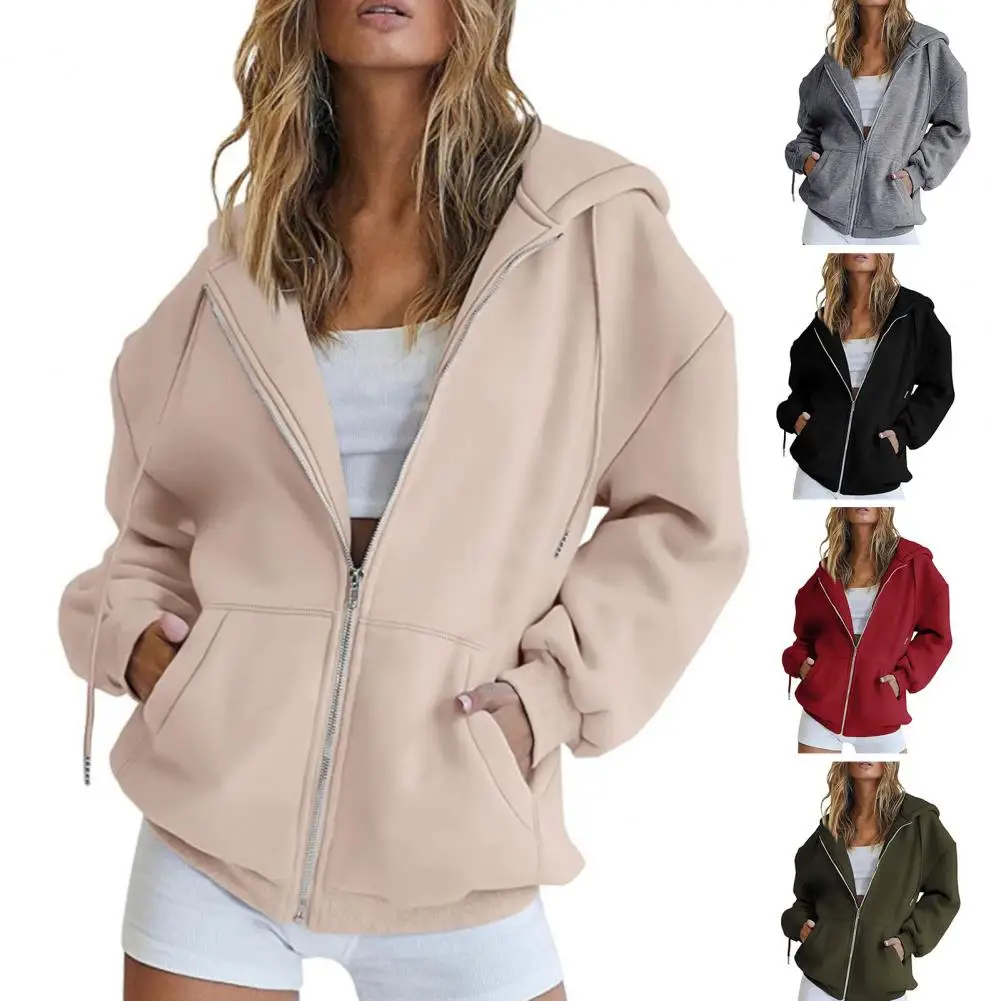 Trendy Women Autumn Coat Solid Color Warm Sweatshirt Pure Color Women Hoodie Coat