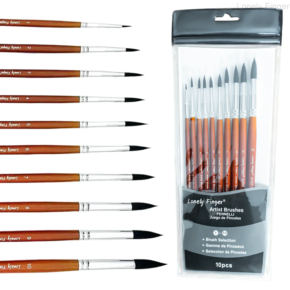 10pcs Round Paint Brush Set Synthetic Nylon Complete Round Brush Set for Watercolor Acrylic Gouache Ink Tempera,Professional Pai