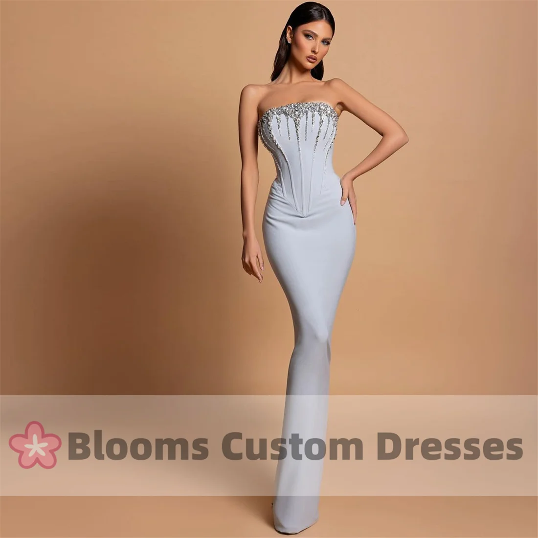 

Blooms Grey Crepe Charming Strapless Evening Dresses Crystal Beaded Sheath Formal Occasion Lace-up Wedding Guest Party Gown