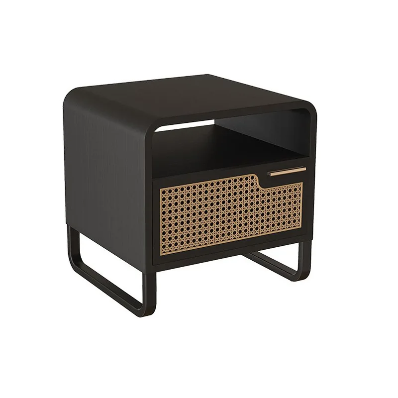 

Nordic Unique Black Bedside Table Minimalist Solid Wood and Rattan Hotel Engineering Furniture square Nightstand