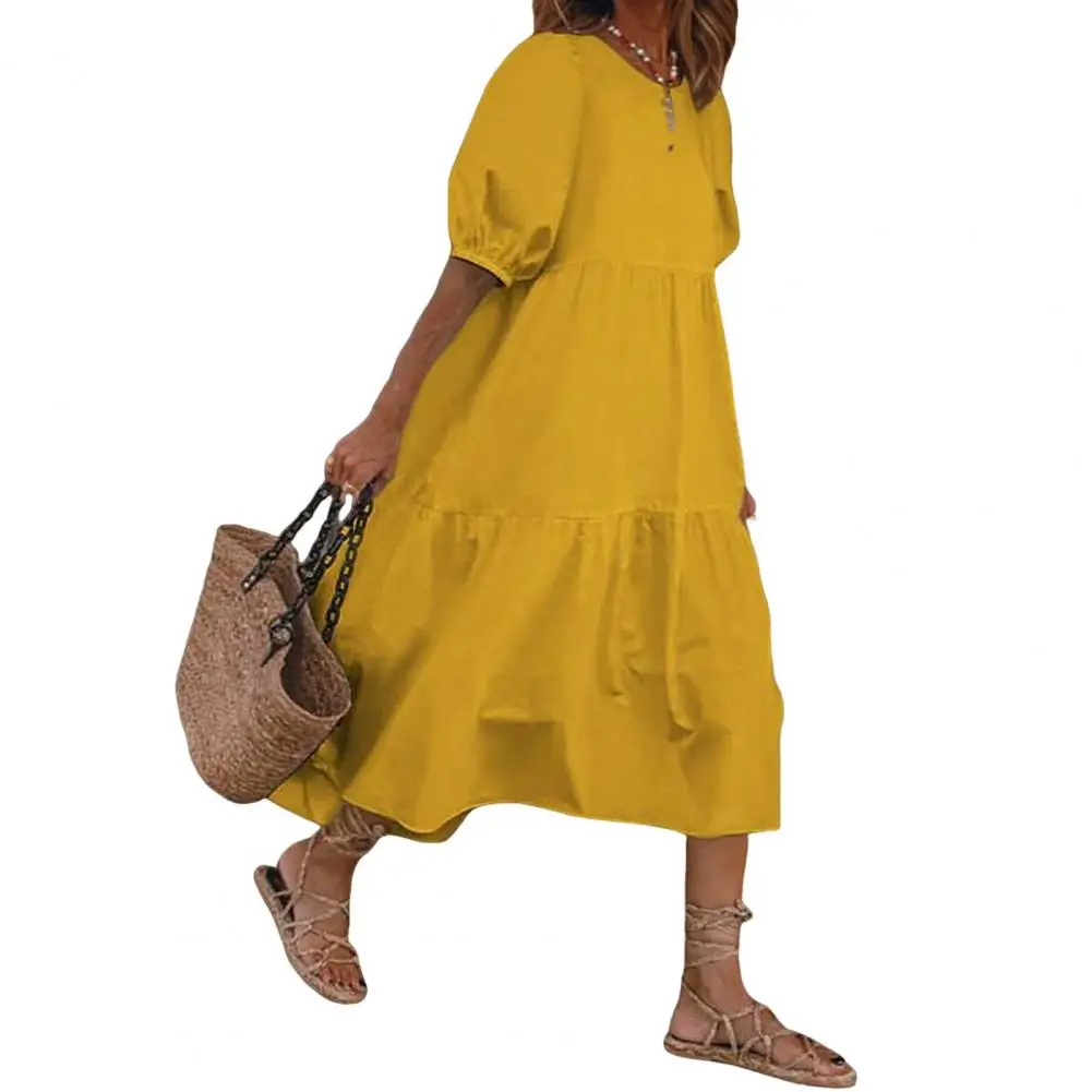 Vintage Fashion Women's Summer Midi Dress Boho Short Lantern Sleeves Sundress Crew Neck Linen Loose Beach Dress