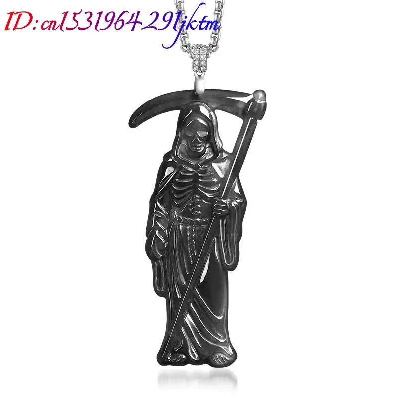 Burmese Jadeite Grim Reaper Pendant Necklace Gemstone Luxury 925 Silver Talismans Vintage Designer Real Jade Gifts for Women - view 2