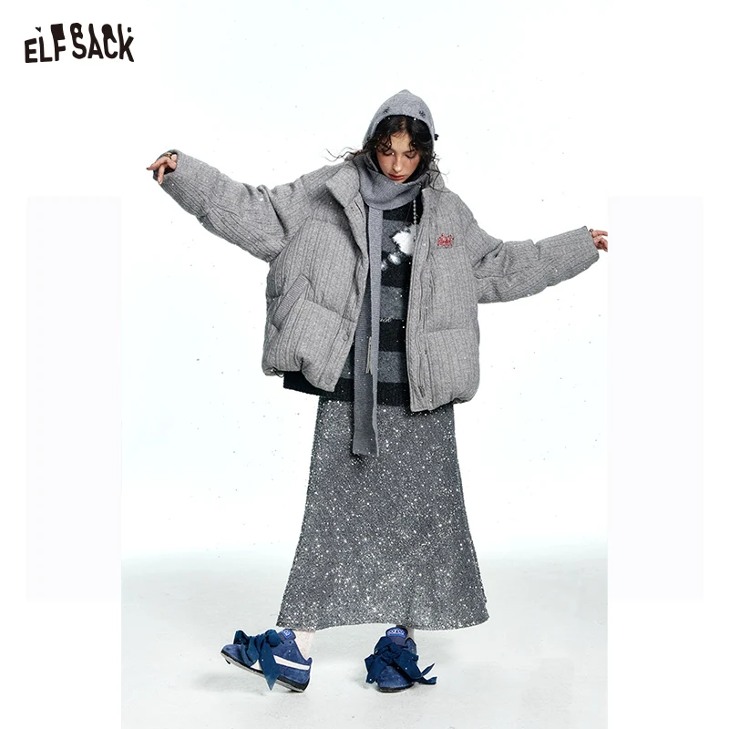 ELFSACK 2024 Winter New Arrivals Sequined Velvet High Waist Mid-Length Fishtail Skirt Women