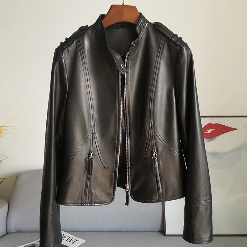 

2023 Women's Elegent Genuine Leather Bomber Jacket Luxury New Lady Moto Jackets Motorcycle Real Sheepskin Coats CL4004