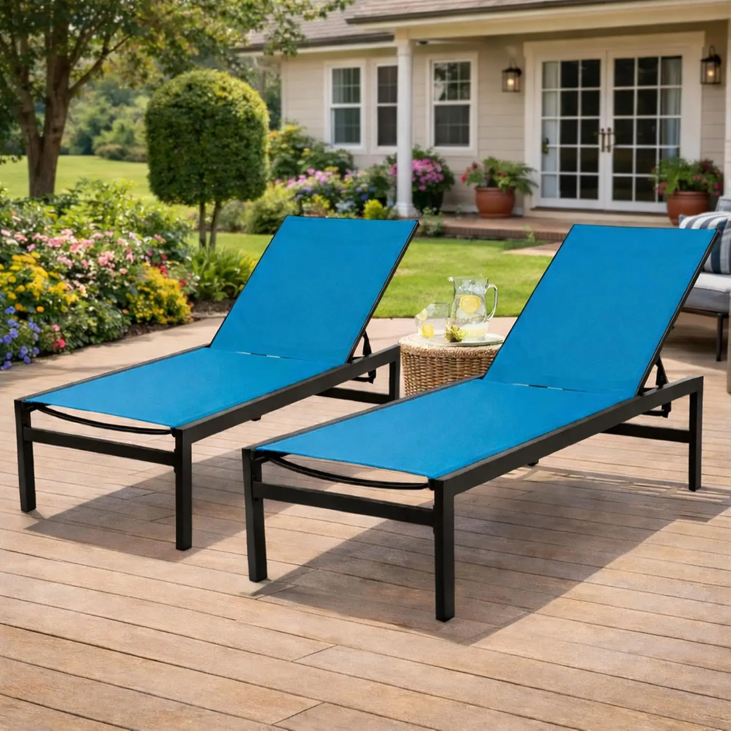 2-Piece Outdoor Chaise Lounge, Aluminum Frame Textilene Adjustable Reclining Patio Lounger for Poolside Sunbathing, Customized